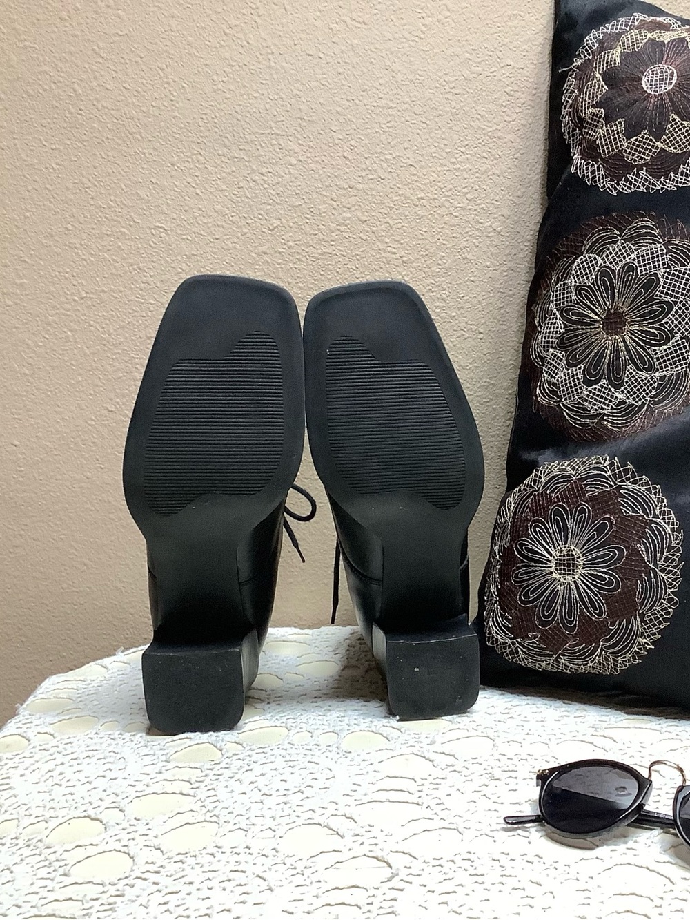 Retro 90s Y2K Vintage PESARO Black Leather Chunky Square Toe Ankle Boots Sz 8.5 - Picture 8 of 9